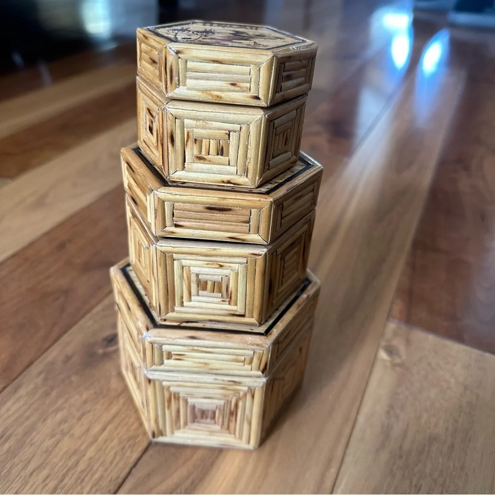 Vintage Hawaii 3 Nesting Bamboo Trinket Boxes